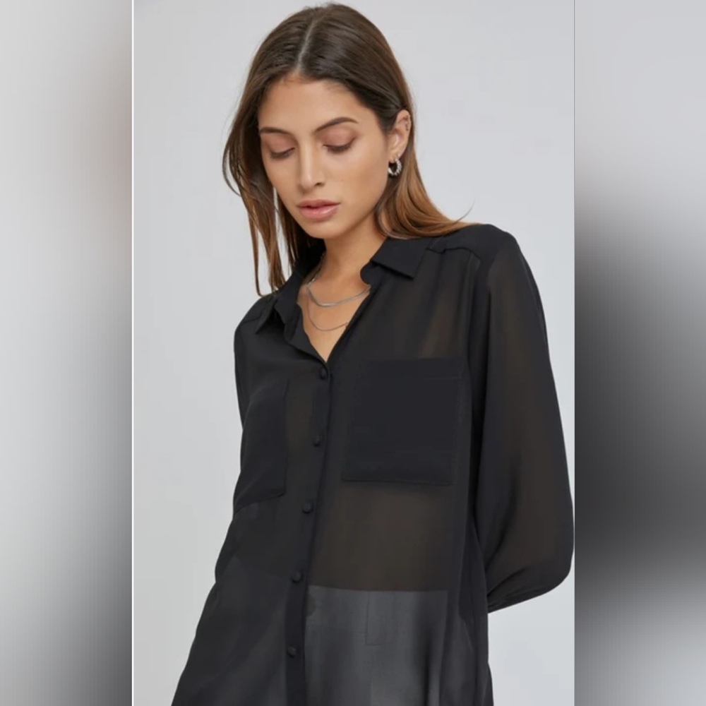 🍬TEE BY BIG STAR Women's black button down sheer blouse Size Small
